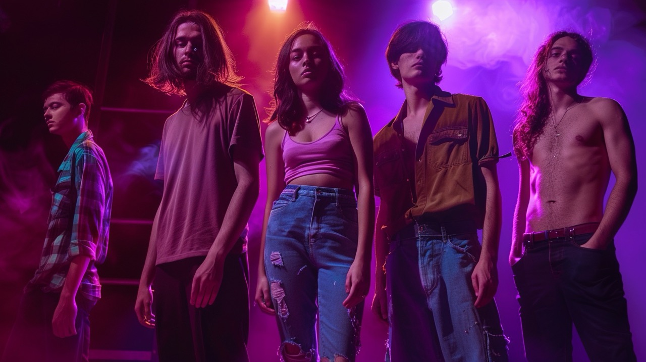 Editorial portrait of modern indie musicians influenced by Arctic Monkeys